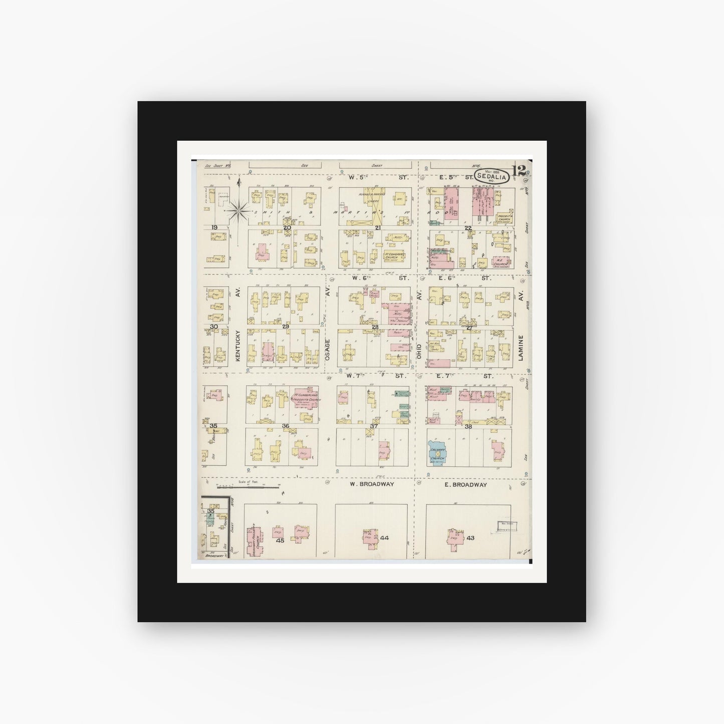 Old map wall art mockup — black gallery frame with white mat — Sanborn Fire Insurance Map from Sedalia, Pettis County, Missouri (1888), Sheet #0012