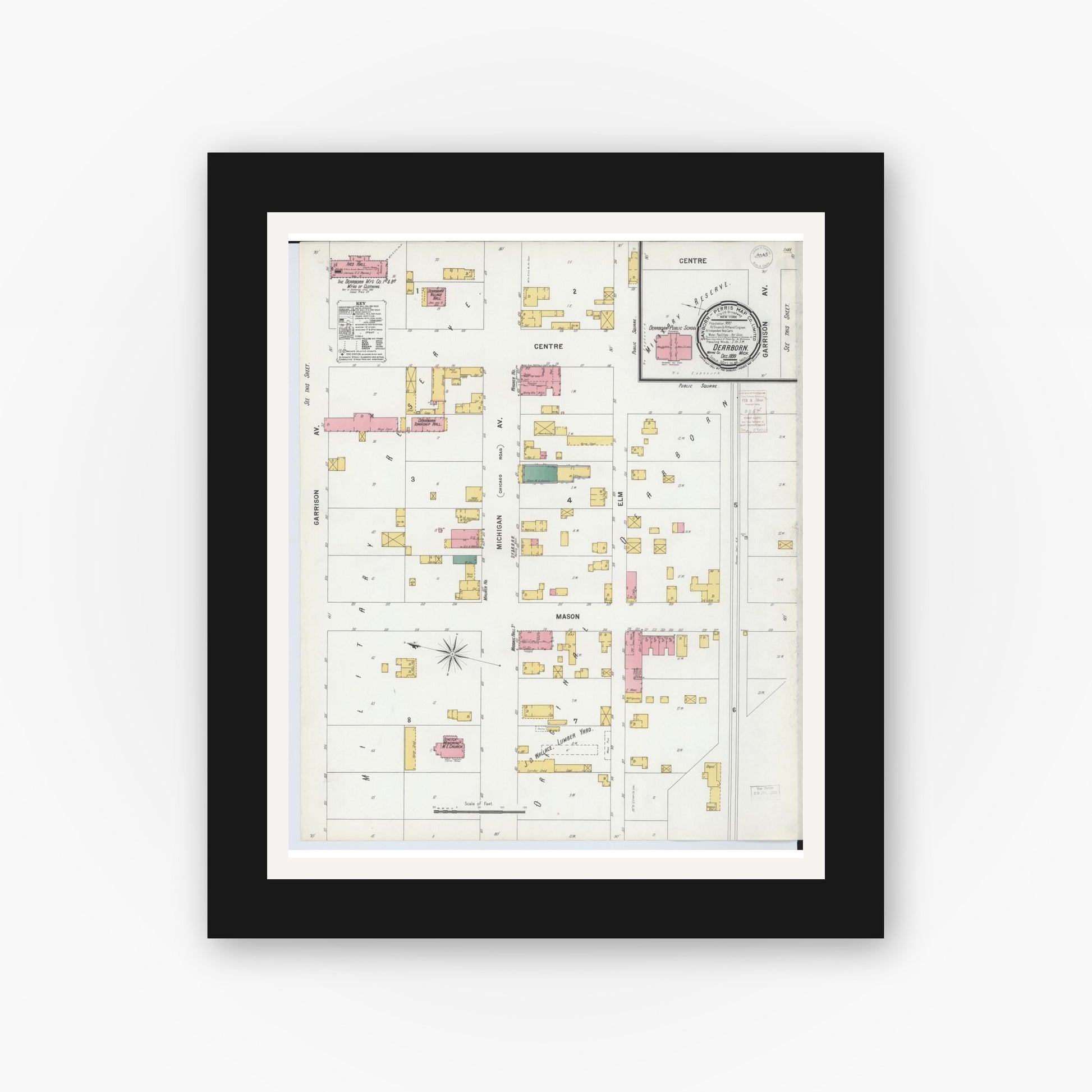 Old map wall art mockup — black gallery frame with white mat — Sanborn Fire Insurance Map from Dearborn, Wayne County, Michigan (1899), Sheet #0001