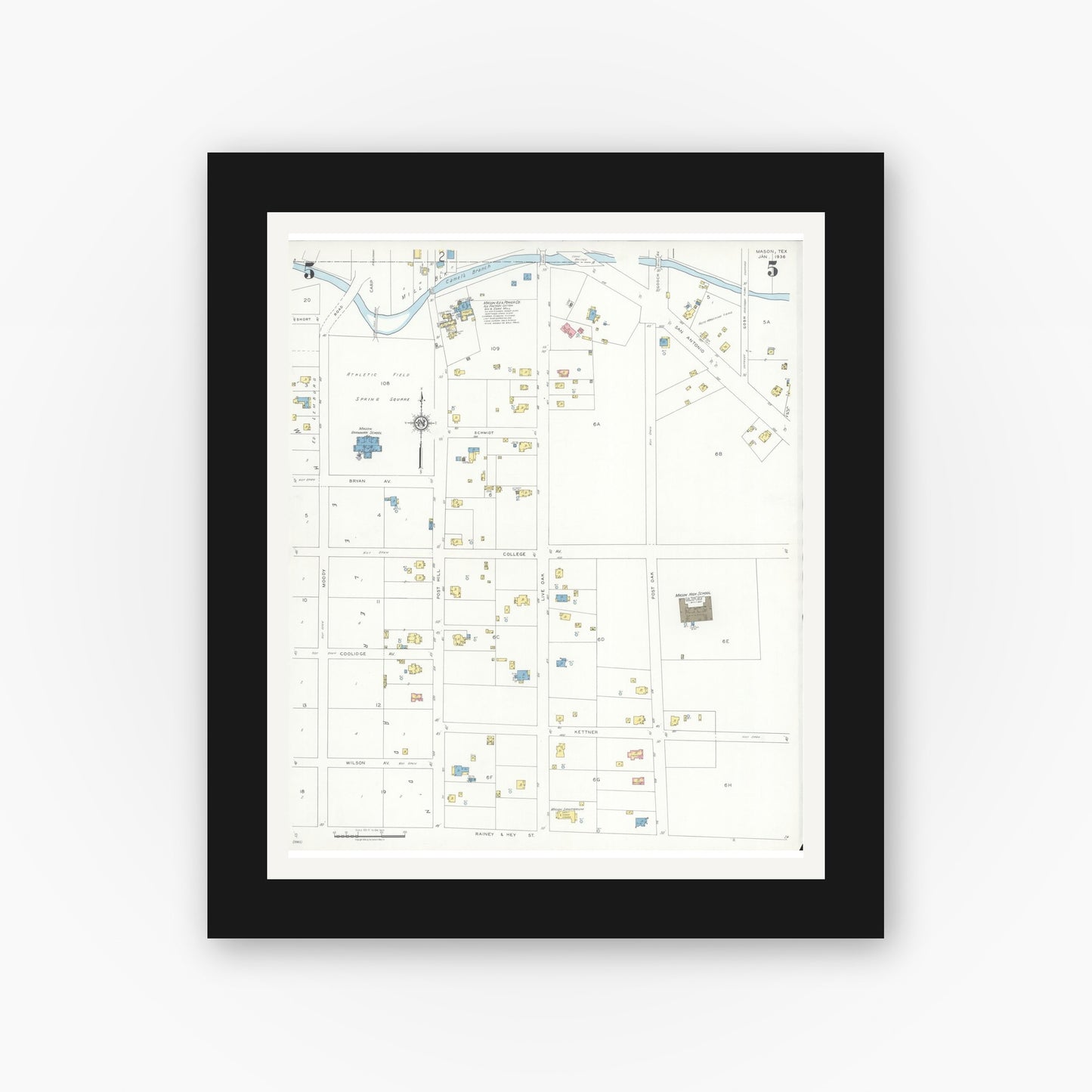 Old map wall art mockup — black gallery frame with white mat — Sanborn Fire Insurance Map from Mason, Mason County, Texas (1936), Sheet #0005