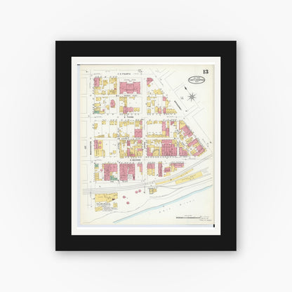 Old map wall art mockup — black gallery frame with white mat — Sanborn Fire Insurance Map from East Liverpool, Columbiana County, Ohio (1908), Sheet #0013