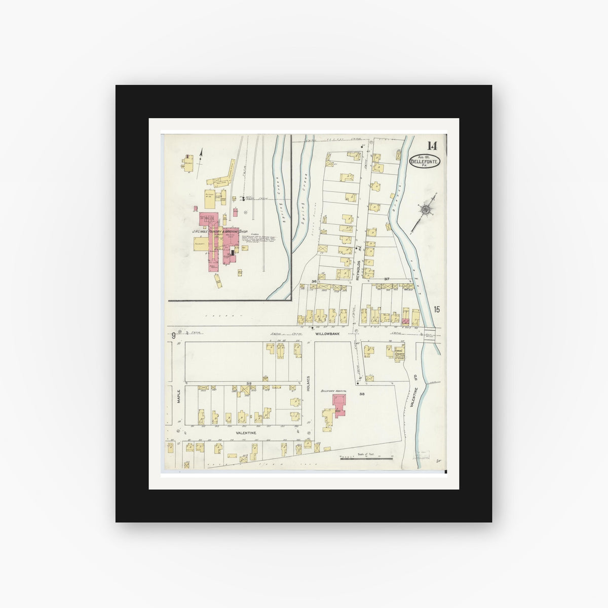 Old map wall art mockup — black gallery frame with white mat — Sanborn Fire Insurance Map from Bellefonte, Centre County, Pennsylvania (1911), Sheet #0014