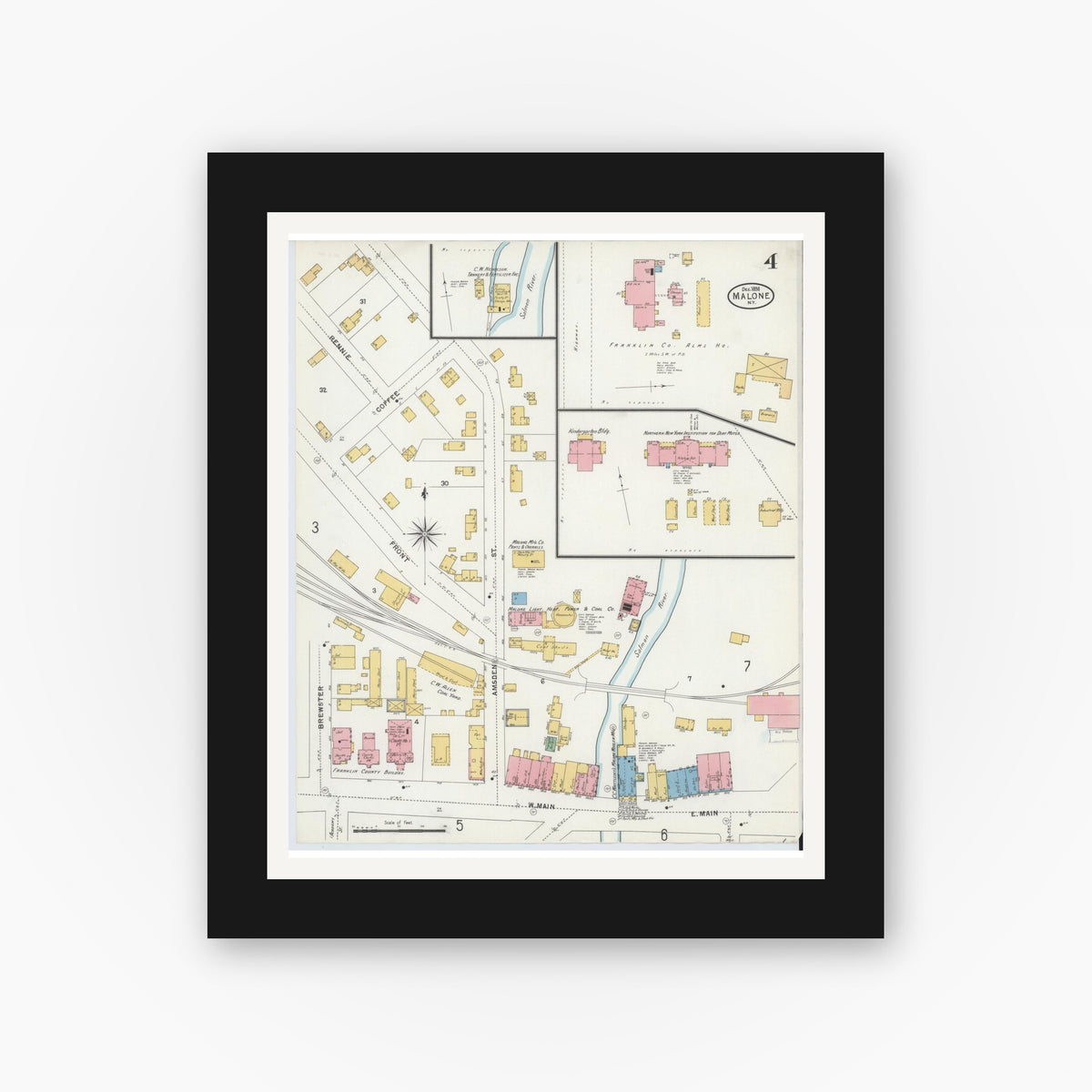 Old map wall art mockup — black gallery frame with white mat — Sanborn Fire Insurance Map from Malone, Franklin County, New York (1898), Sheet #0004