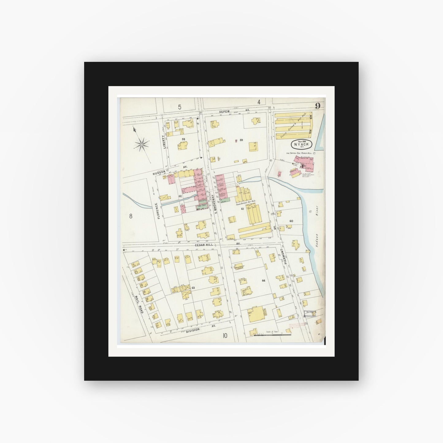 Old map wall art mockup — black gallery frame with white mat — Sanborn Fire Insurance Map from Nyack, Rockland County, New York. (1896), Sheet #0009