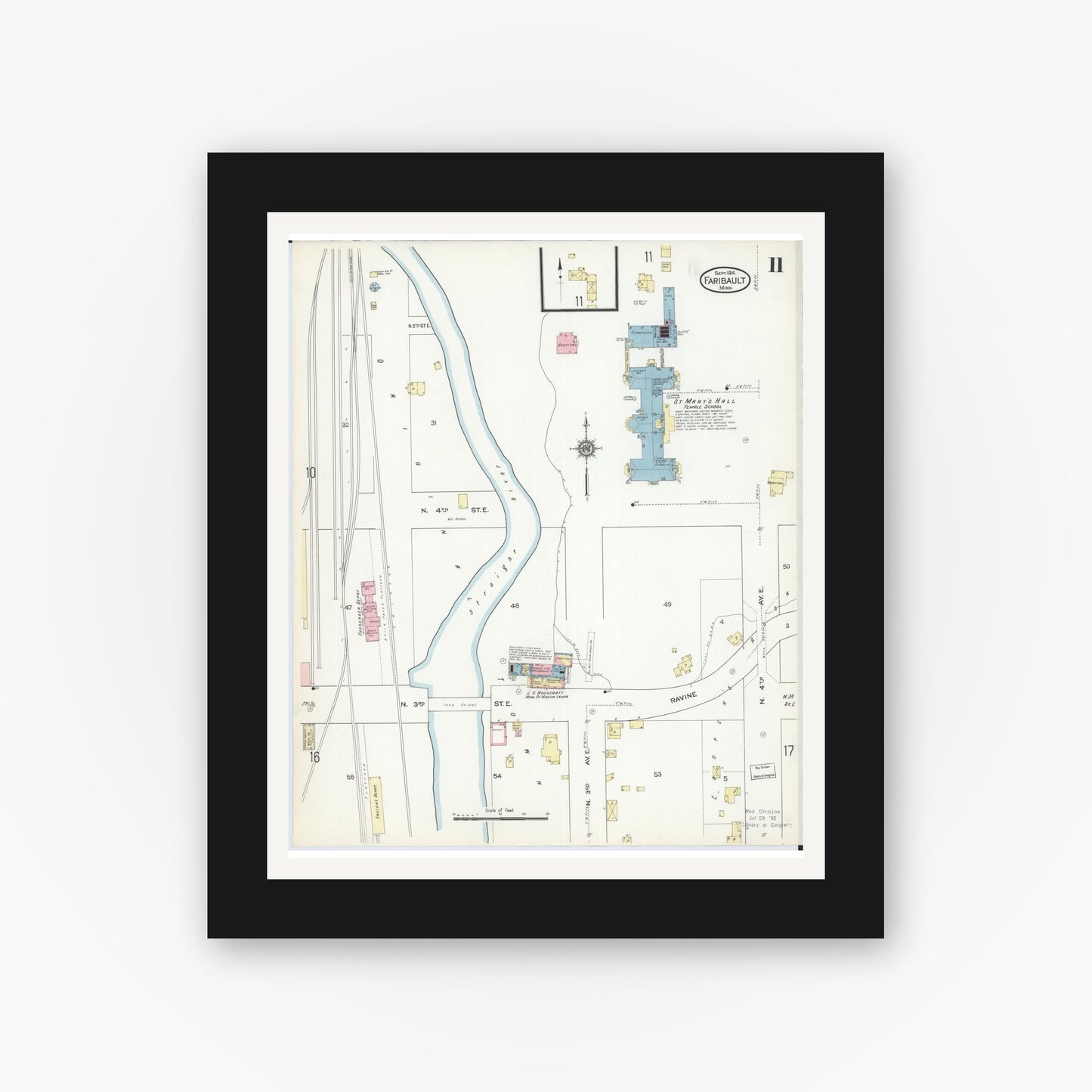 Old map wall art mockup — black gallery frame with white mat — Sanborn Fire Insurance Map from Faribault, Rice County, Minnesota (1914), Sheet #0011