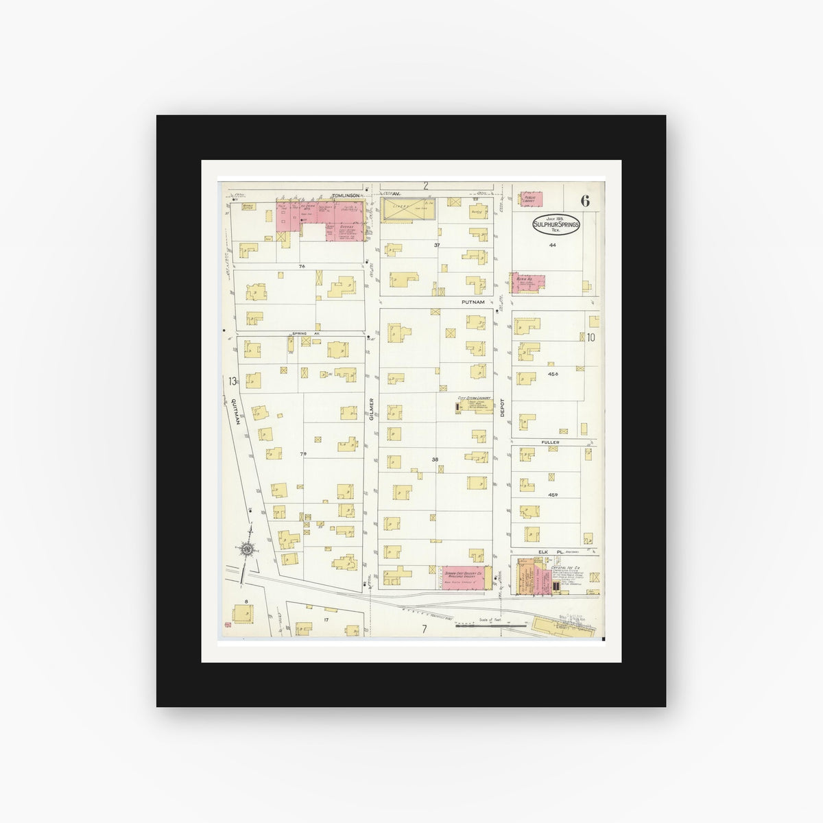 Old map wall art mockup — black gallery frame with white mat — Sanborn Fire Insurance Map from Sulphur Springs, Hopkins County, Texas (1915), Sheet #0006