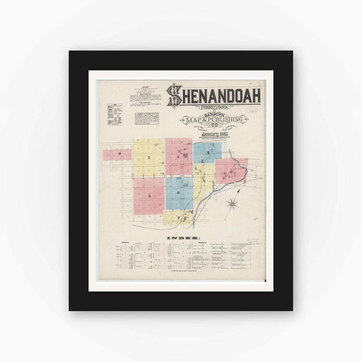 Old map wall art mockup — black gallery frame with white mat — Sanborn Fire Insurance Map from Shenandoah, Schuylkill County, Pennsylvania (1885), Sheet #0001