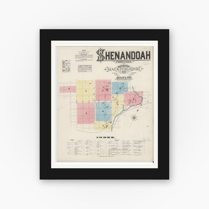 Old map wall art mockup — black gallery frame with white mat — Sanborn Fire Insurance Map from Shenandoah, Schuylkill County, Pennsylvania (1885), Sheet #0001