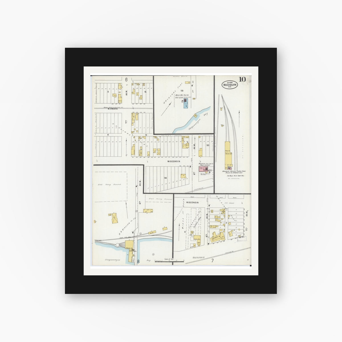 Old map wall art mockup — black gallery frame with white mat — Sanborn Fire Insurance Map from Washburn, Bayfield County, Wisconsin (1898), Sheet #0010