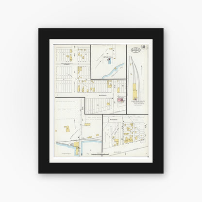Old map wall art mockup — black gallery frame with white mat — Sanborn Fire Insurance Map from Washburn, Bayfield County, Wisconsin (1898), Sheet #0010
