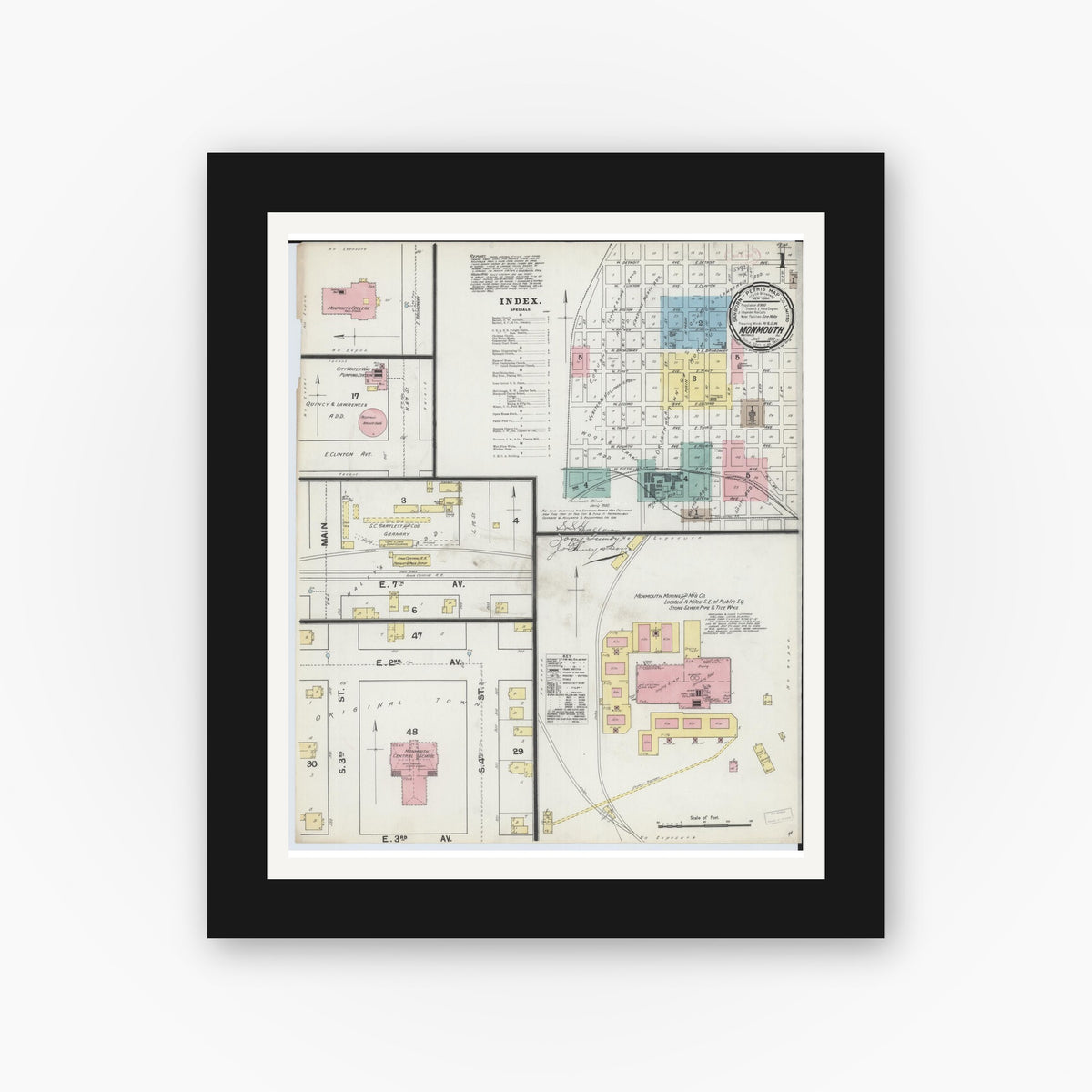 Old map wall art mockup — black gallery frame with white mat — Sanborn Fire Insurance Map from Monmouth, Warren County, Illinois (1892), Sheet #0001