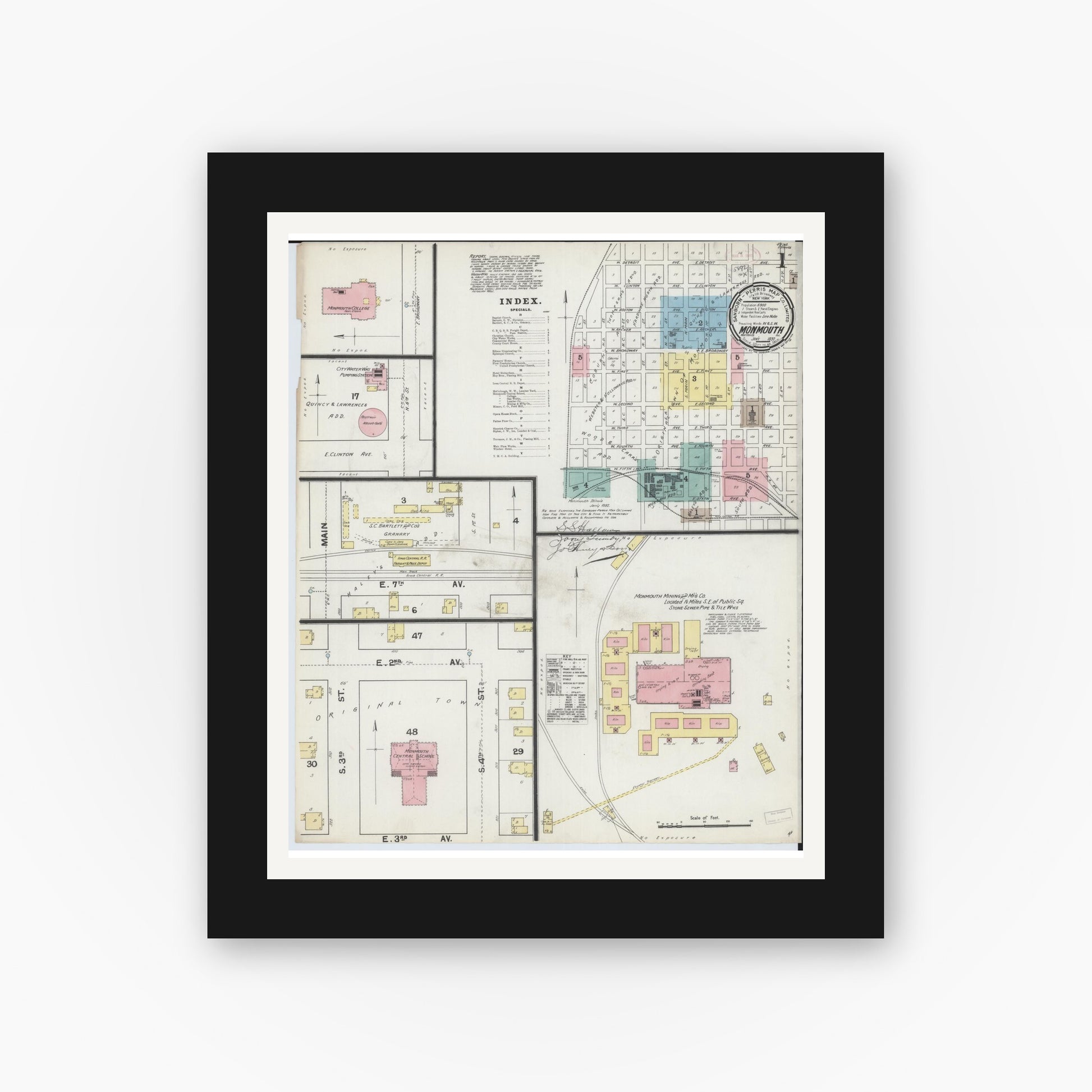 Old map wall art mockup — black gallery frame with white mat — Sanborn Fire Insurance Map from Monmouth, Warren County, Illinois (1892), Sheet #0001