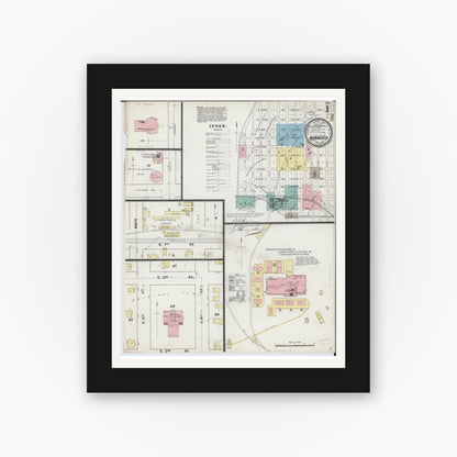 Old map wall art mockup — black gallery frame with white mat — Sanborn Fire Insurance Map from Monmouth, Warren County, Illinois (1892), Sheet #0001