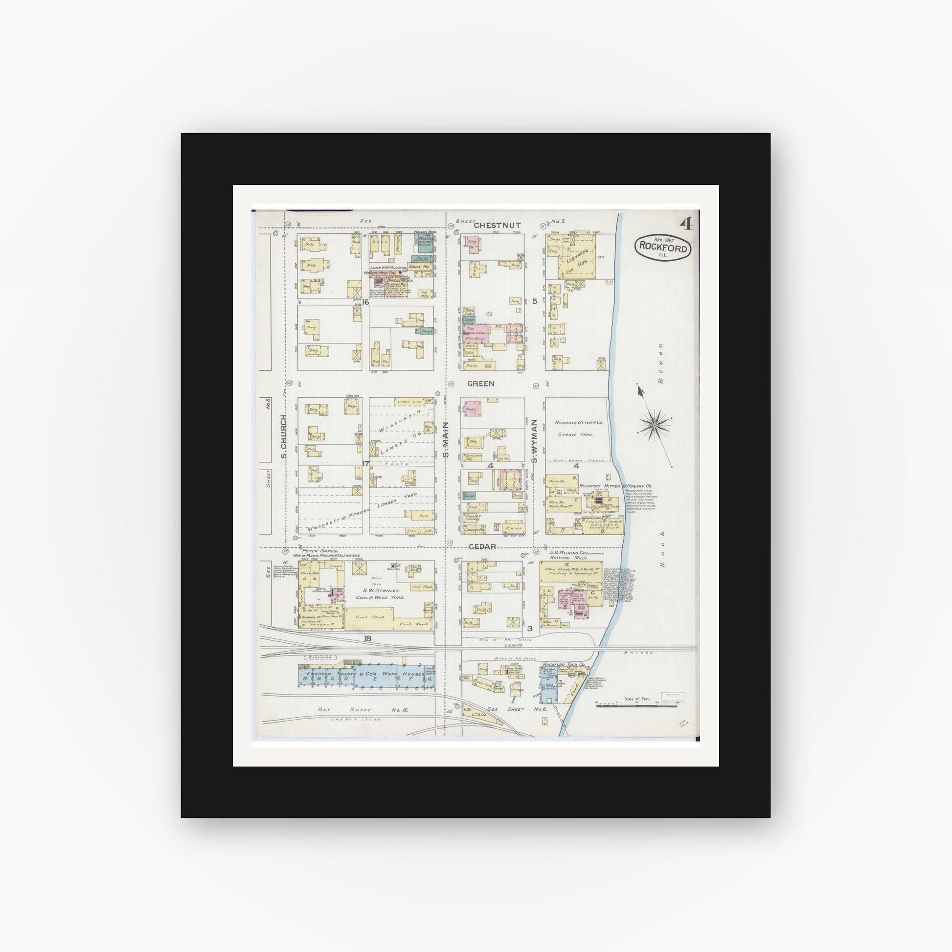 Old map wall art mockup — black gallery frame with white mat — Sanborn Fire Insurance Map from Rockford, Winnebago County, Illinois (1887), Sheet #0004