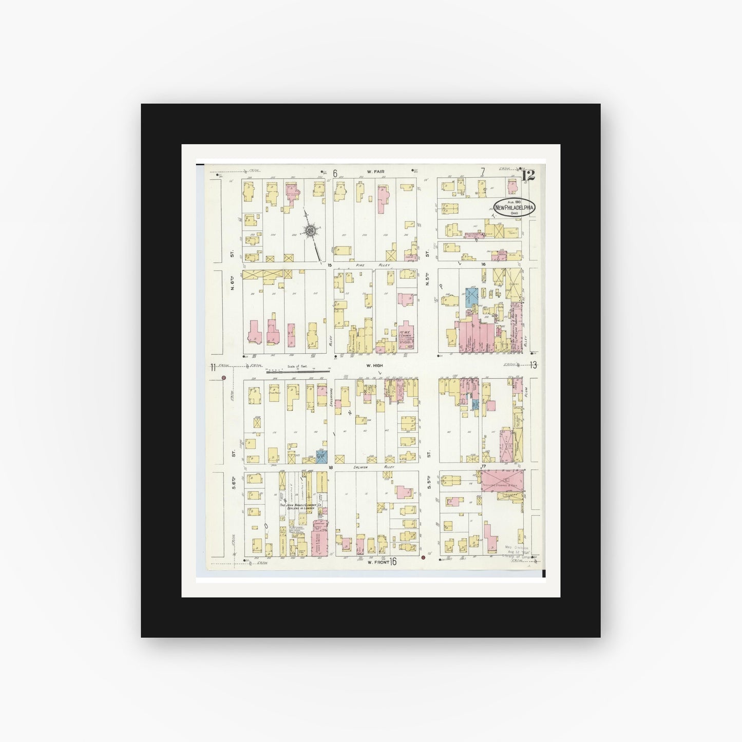 Old map wall art mockup — black gallery frame with white mat — Sanborn Fire Insurance Map from New Philadelphia, Tuscarawas County, Ohio (1910), Sheet #0012