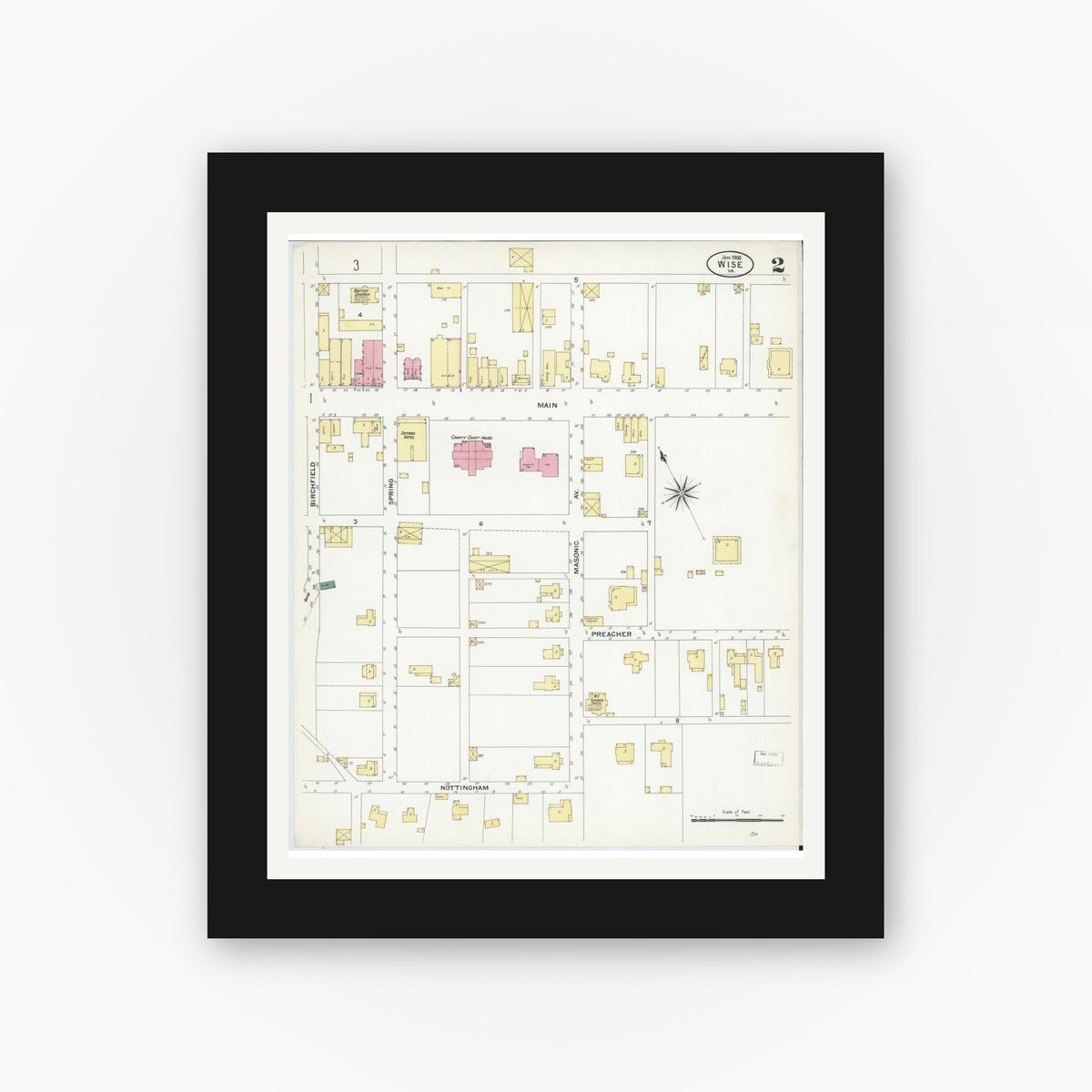 Old map wall art mockup — black gallery frame with white mat — Sanborn Fire Insurance Map from Wise, Wise County, Virginia (1908), Sheet #0002