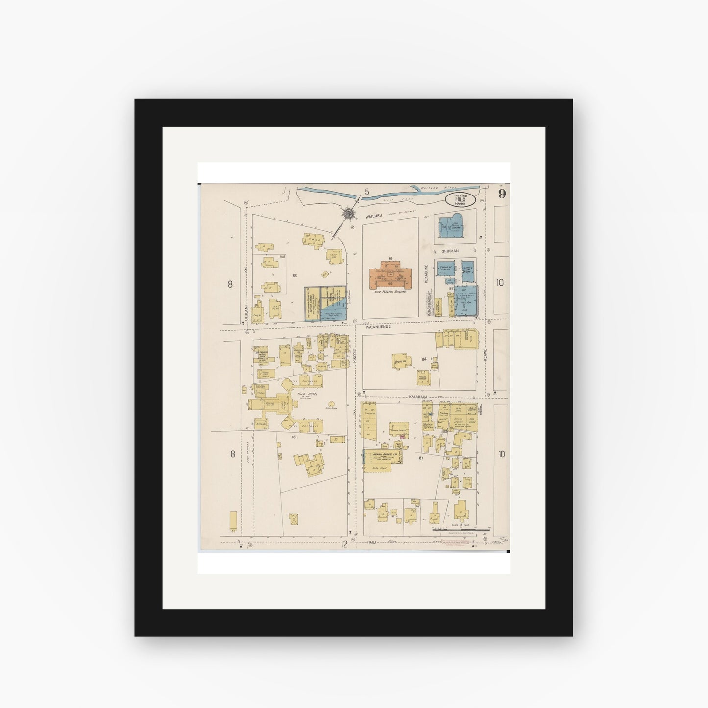 Old map wall art mockup — black gallery frame with white mat — Sanborn Fire Insurance Map from Hilo, Hawaii County, Hawaii (1921), Sheet #0009
