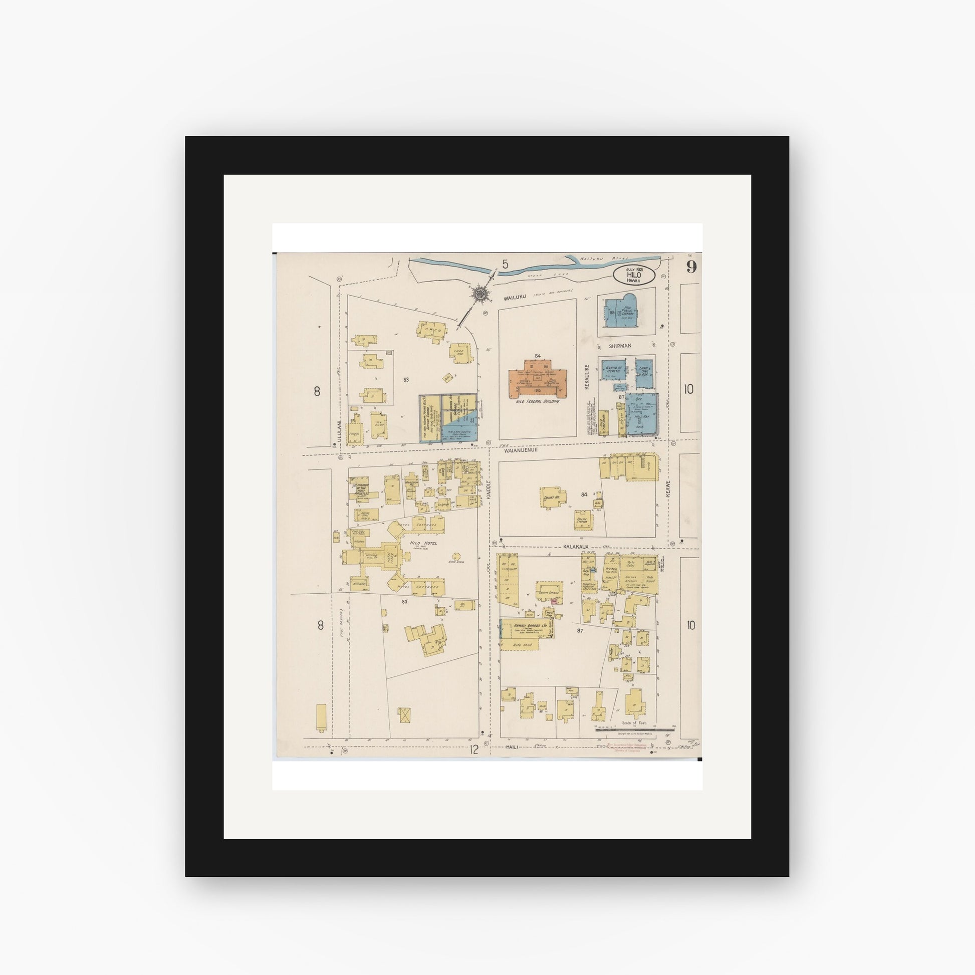 Old map wall art mockup — black gallery frame with white mat — Sanborn Fire Insurance Map from Hilo, Hawaii County, Hawaii (1921), Sheet #0009