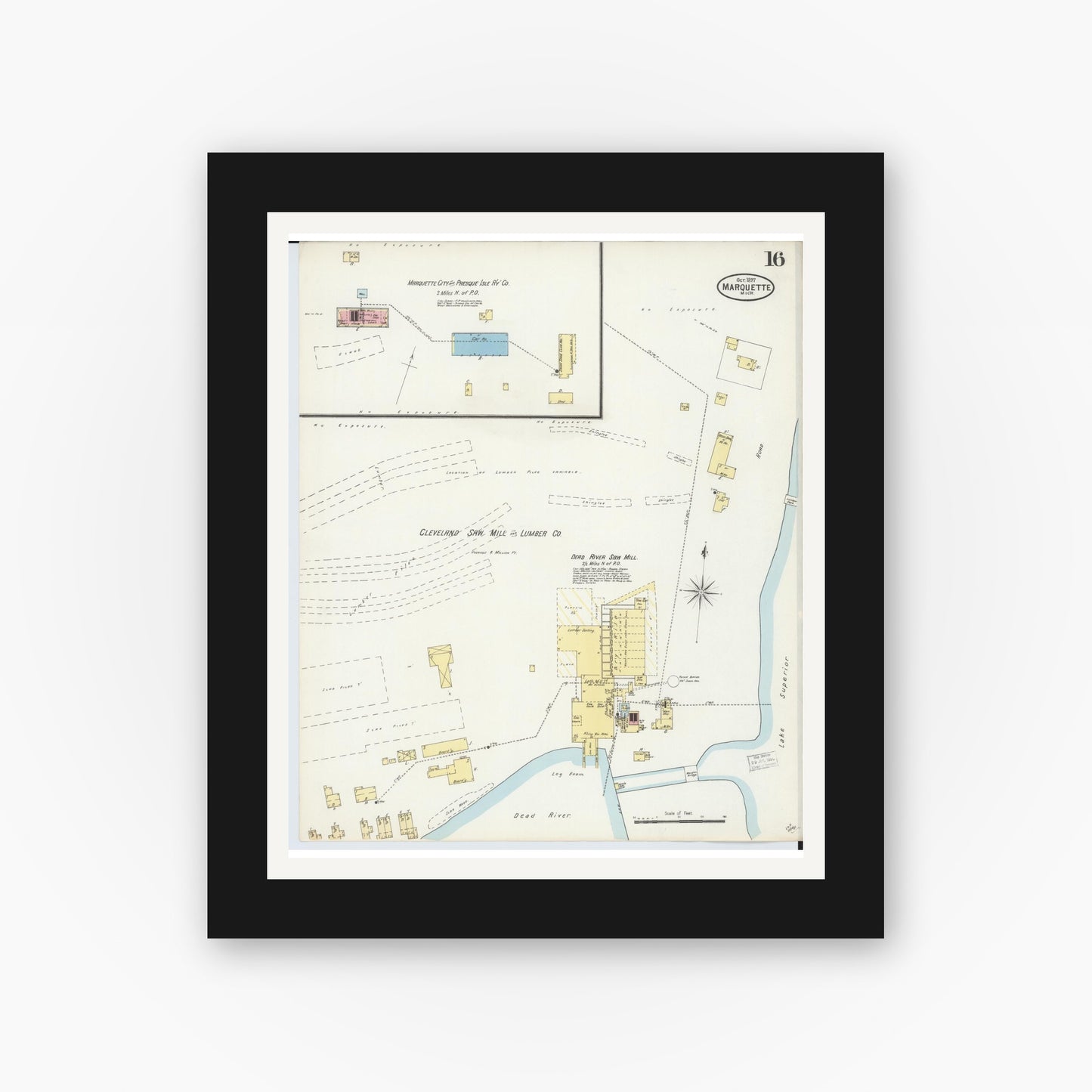 Old map wall art mockup — black gallery frame with white mat — Sanborn Fire Insurance Map from Marquette, Marquette County, Michigan (1897), Sheet #0016