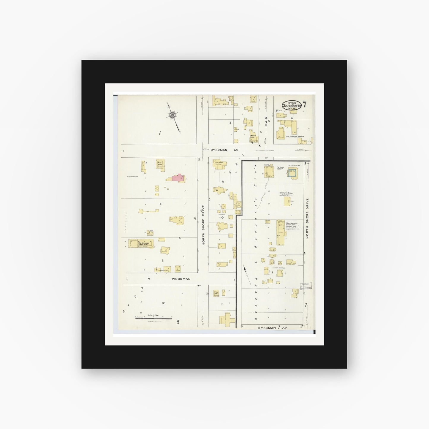 Old map wall art mockup — black gallery frame with white mat — Sanborn Fire Insurance Map from South Haven, Van Buren County, Michigan (1916), Sheet #0007