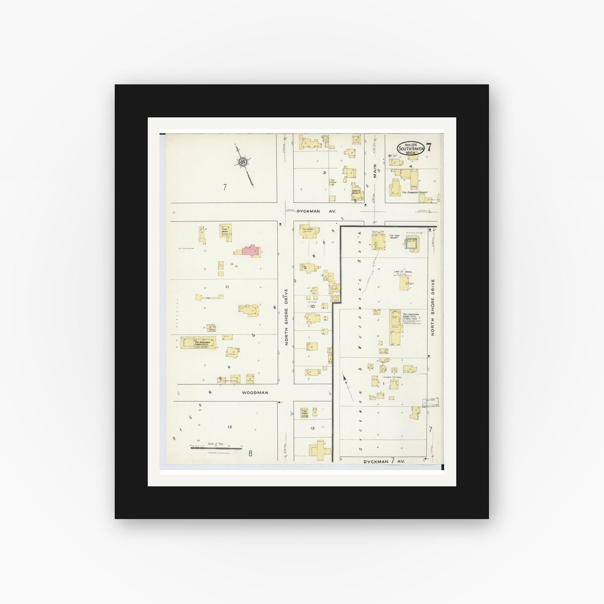 Old map wall art mockup — black gallery frame with white mat — Sanborn Fire Insurance Map from South Haven, Van Buren County, Michigan (1916), Sheet #0007