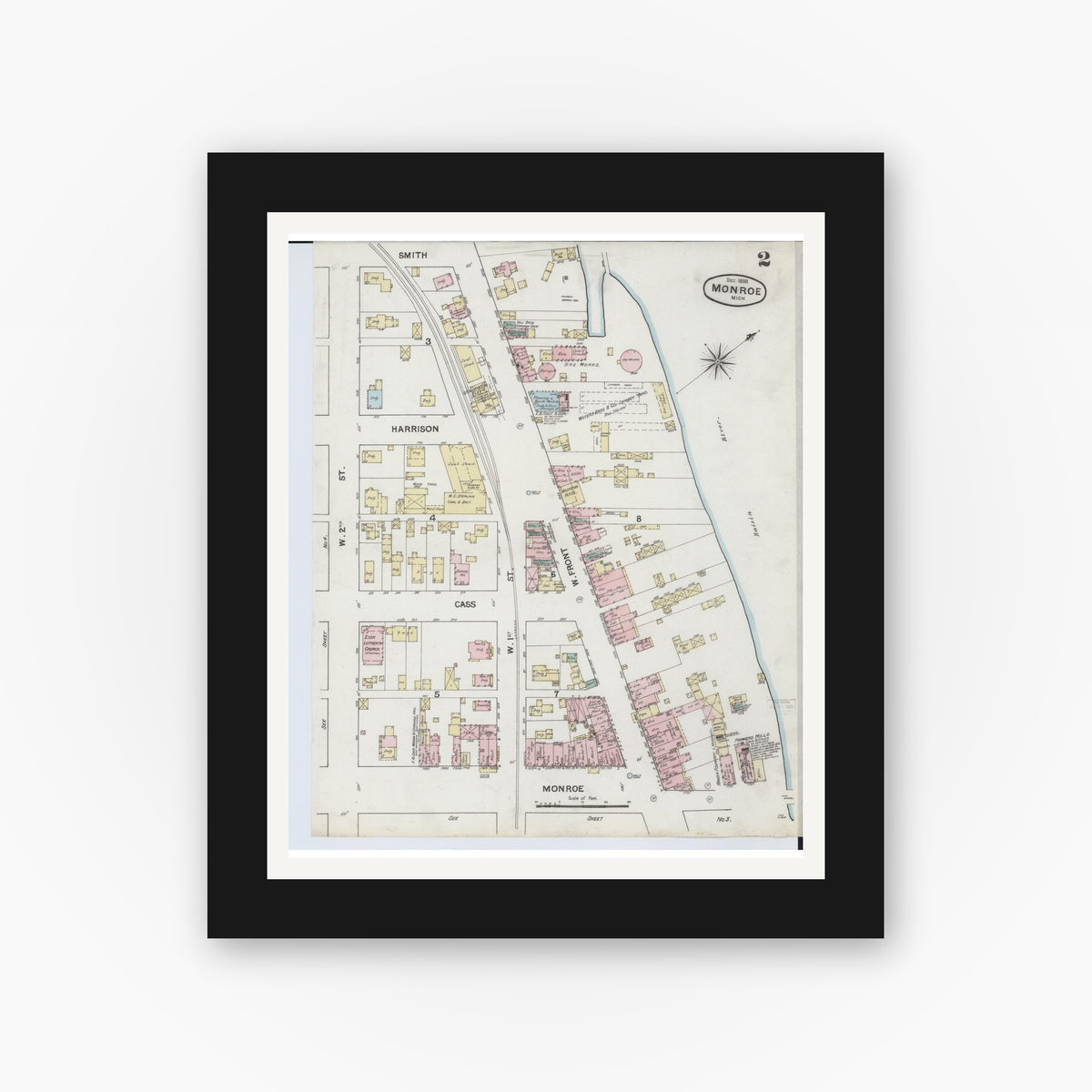 Old map wall art mockup — black gallery frame with white mat — Sanborn Fire Insurance Map from Monroe, Monroe County, Michigan (1888), Sheet #0002