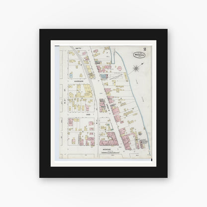 Old map wall art mockup — black gallery frame with white mat — Sanborn Fire Insurance Map from Monroe, Monroe County, Michigan (1888), Sheet #0002