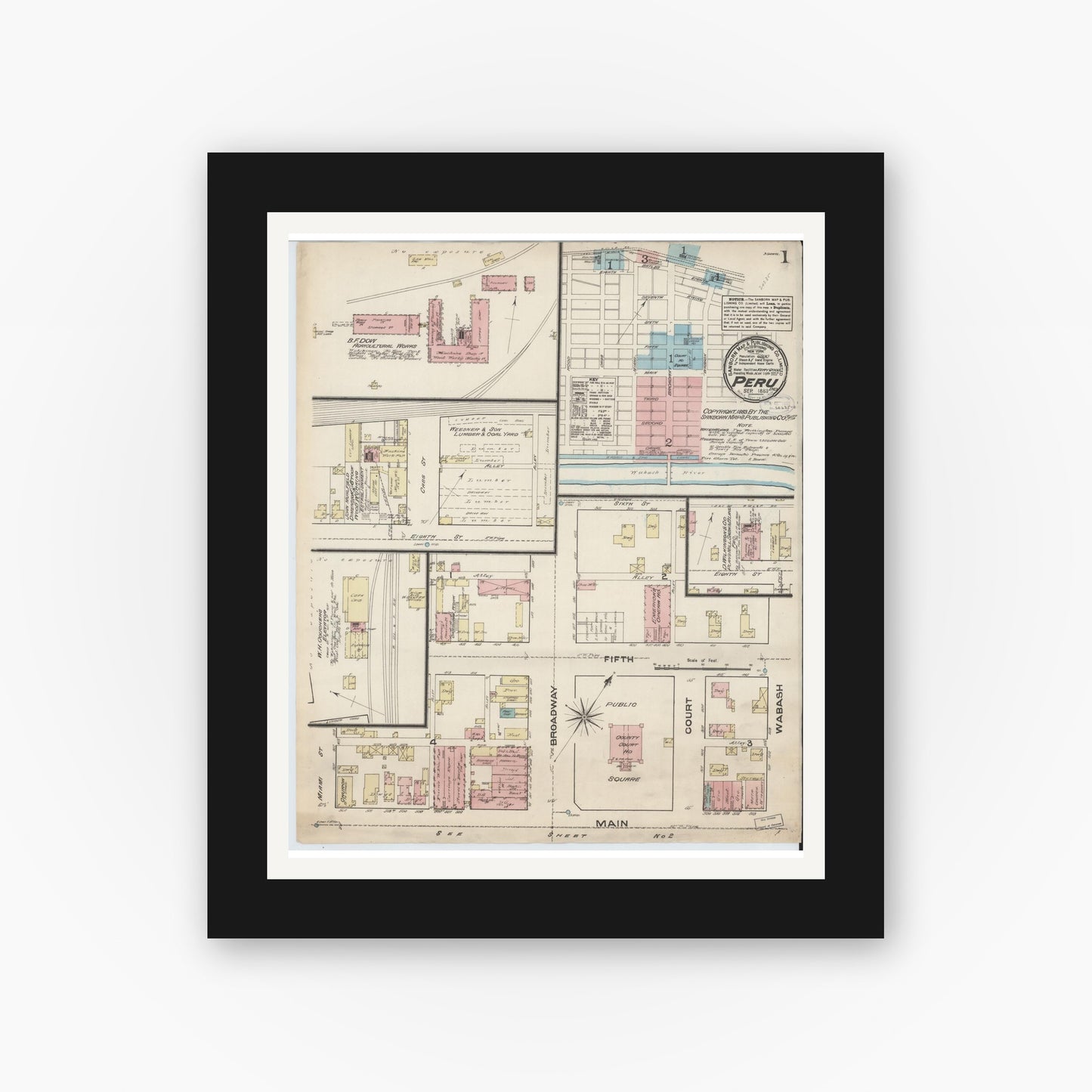 Old map wall art mockup — black gallery frame with white mat — Sanborn Fire Insurance Map from Peru, Miami County, Indiana (1883) - Complete Map Set