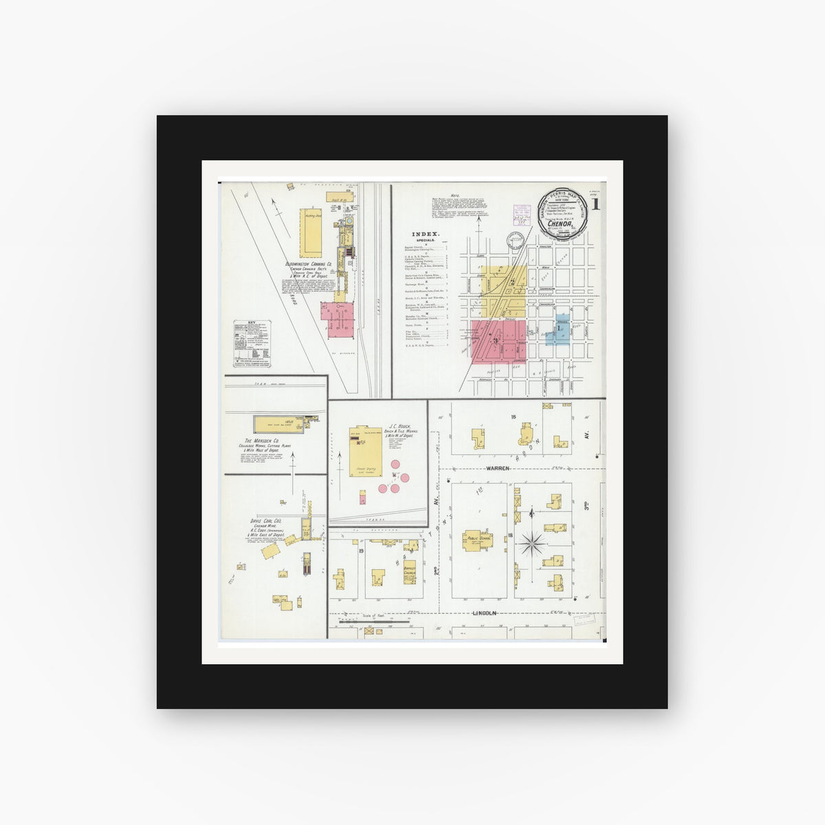 Old map wall art mockup — black gallery frame with white mat — Sanborn Fire Insurance Map from Chenoa, McLean County, Illinois (1901), Sheet #0001