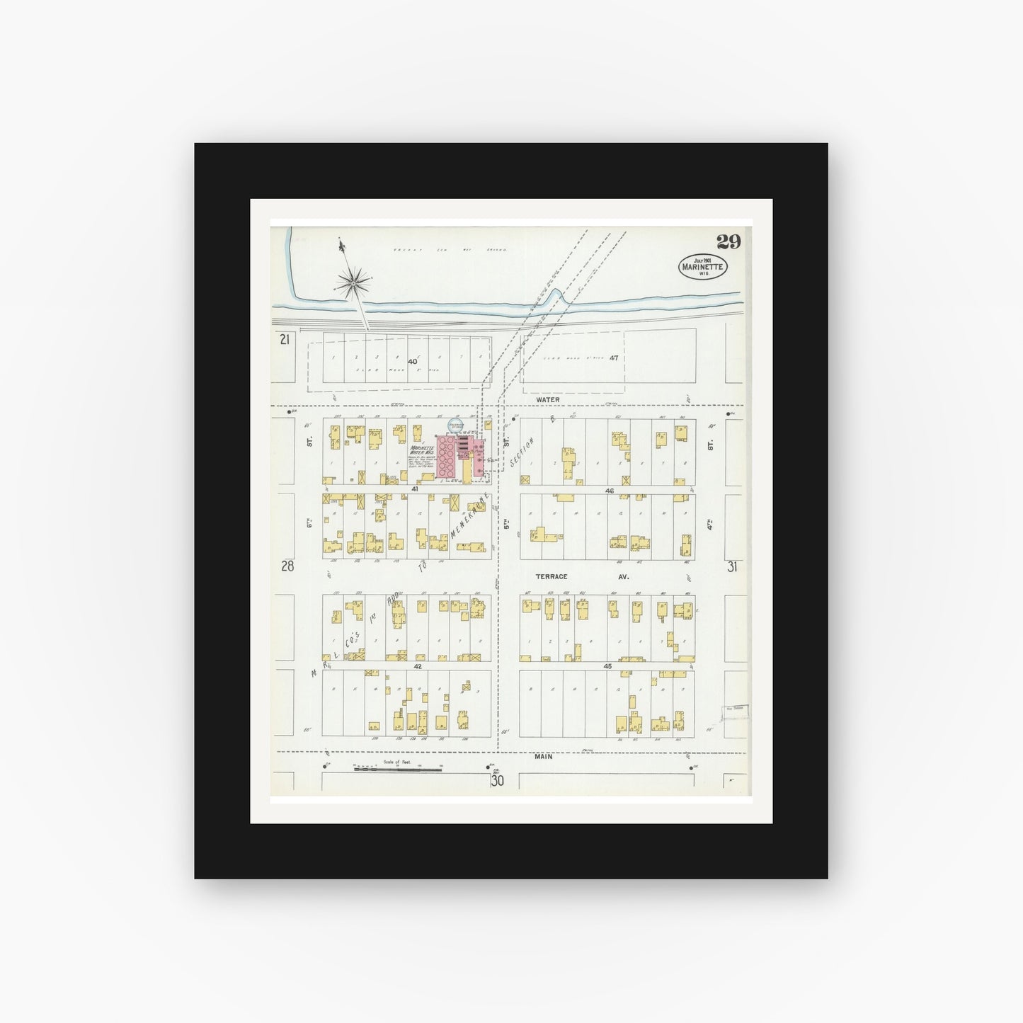 Old map wall art mockup — black gallery frame with white mat — Sanborn Fire Insurance Map from Marinette, Marinette County, Wisconsin (1901), Sheet #0029