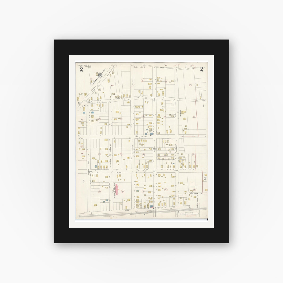Old map wall art mockup — black gallery frame with white mat — Sanborn Fire Insurance Map from Northfield, Atlantic County, New Jersey (1942), Sheet #0002
