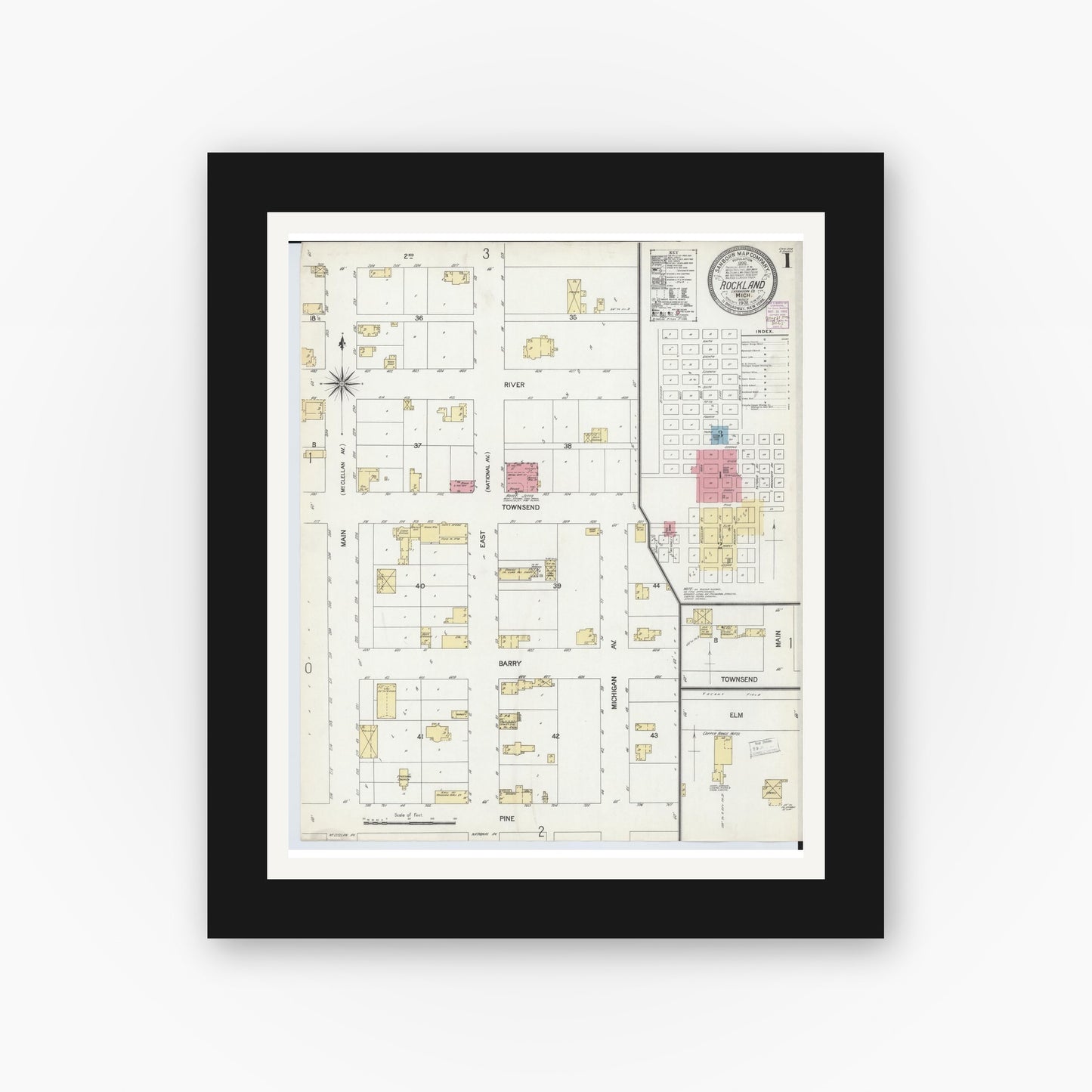 Old map wall art mockup — black gallery frame with white mat — Sanborn Fire Insurance Map from Rockland, Ontonagon County, Michigan (1902), Sheet #0001