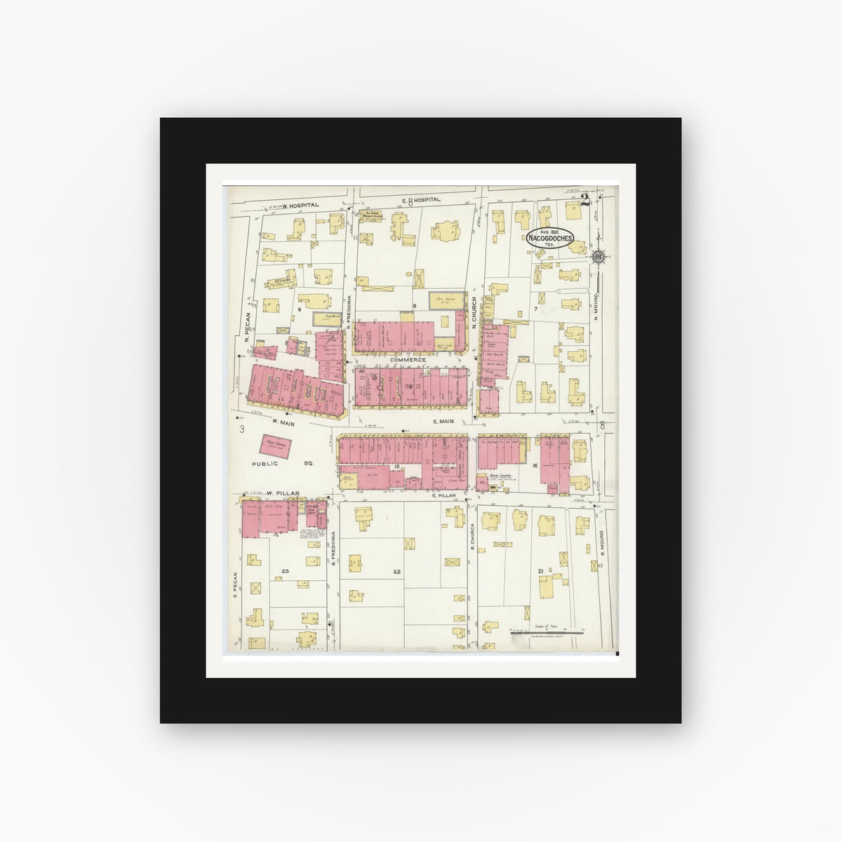 Old map wall art mockup — black gallery frame with white mat — Sanborn Fire Insurance Map from Nacogdoches, Nacogdoches County, Texas (1921), Sheet #0002