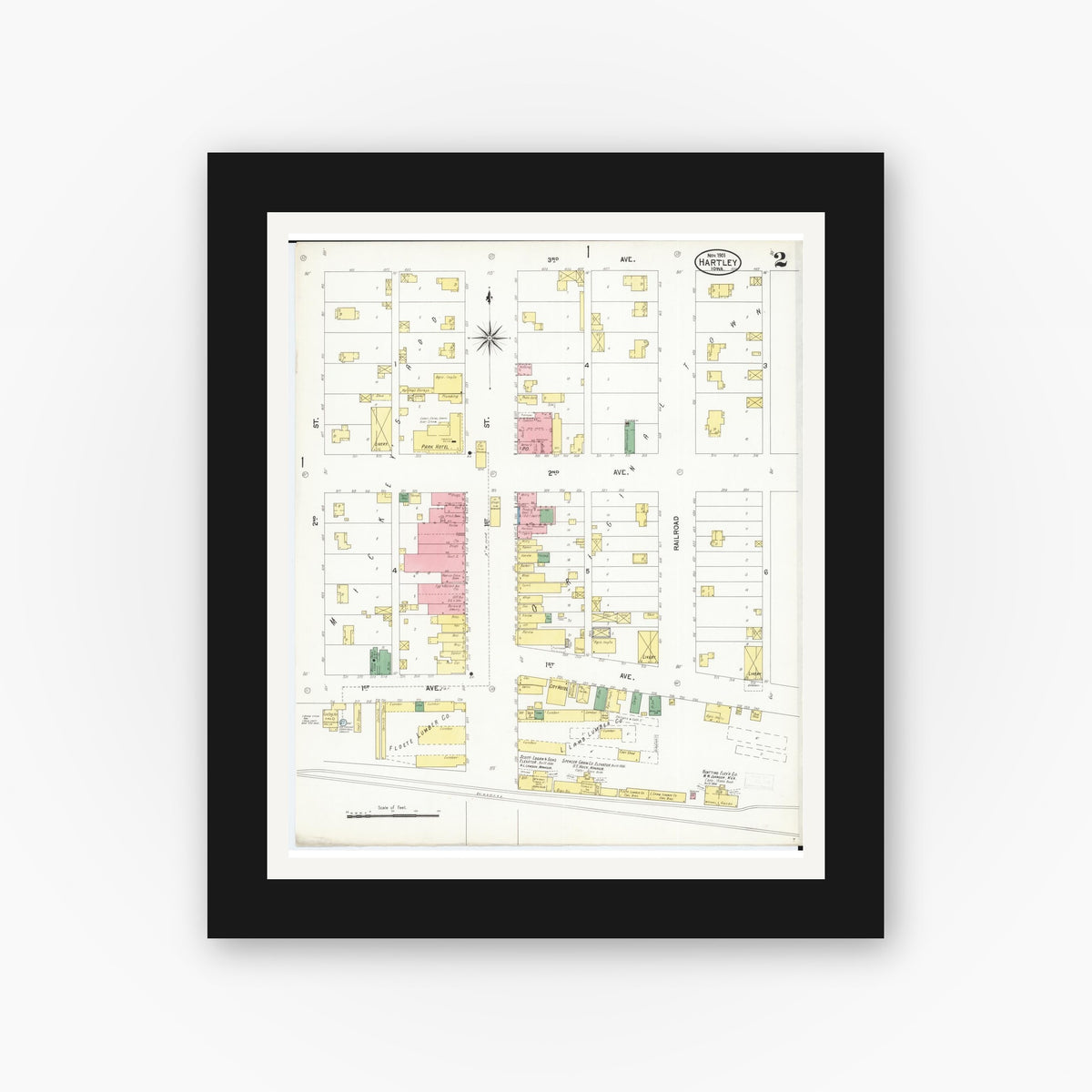 Old map wall art mockup — black gallery frame with white mat — Sanborn Fire Insurance Map from Hartley, O'Brien County, Iowa (1901), Sheet #0002