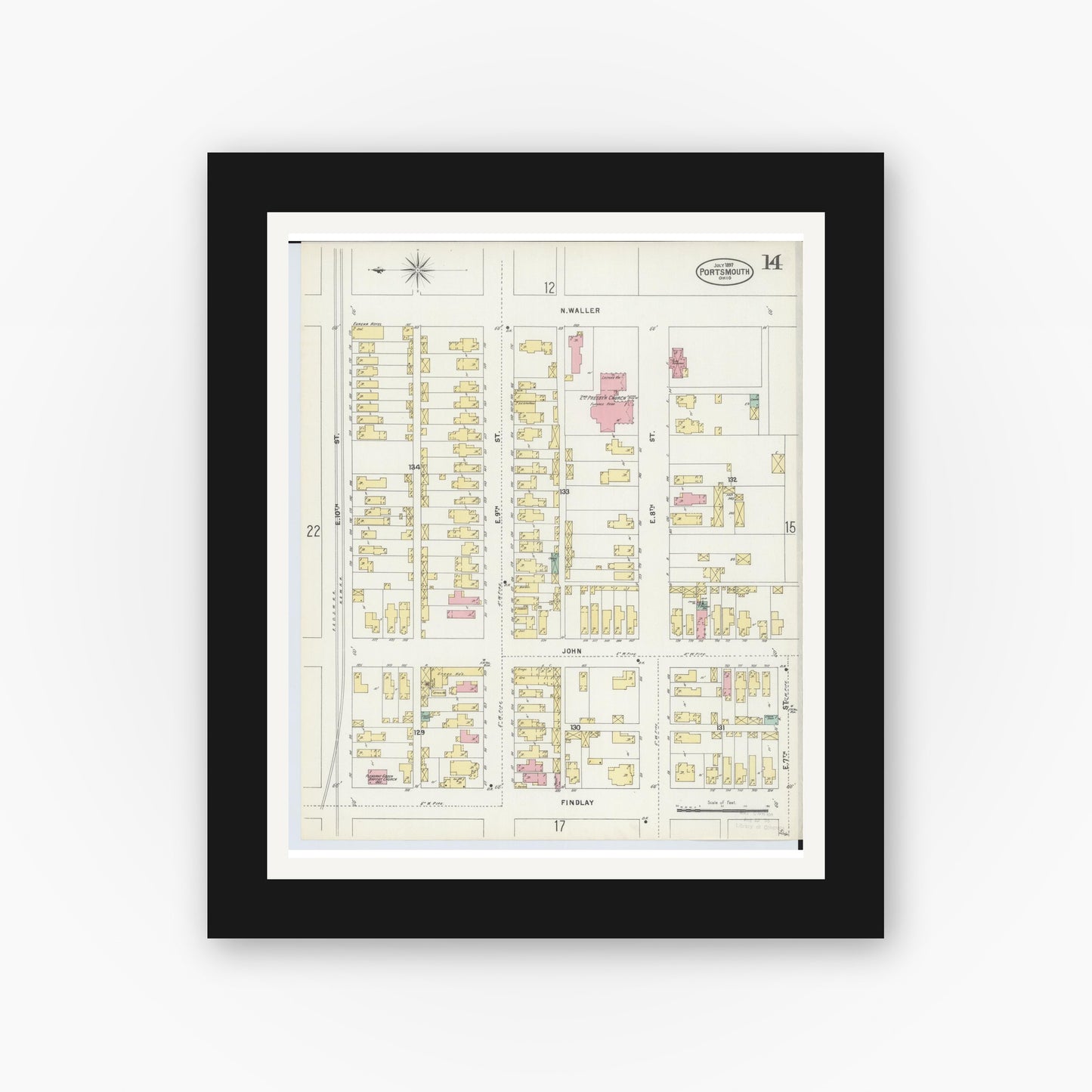 Old map wall art mockup — black gallery frame with white mat — Sanborn Fire Insurance Map from Portsmouth, Scioto County, Ohio (1897), Sheet #0014