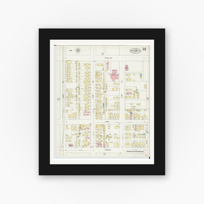 Old map wall art mockup — black gallery frame with white mat — Sanborn Fire Insurance Map from Portsmouth, Scioto County, Ohio (1897), Sheet #0014