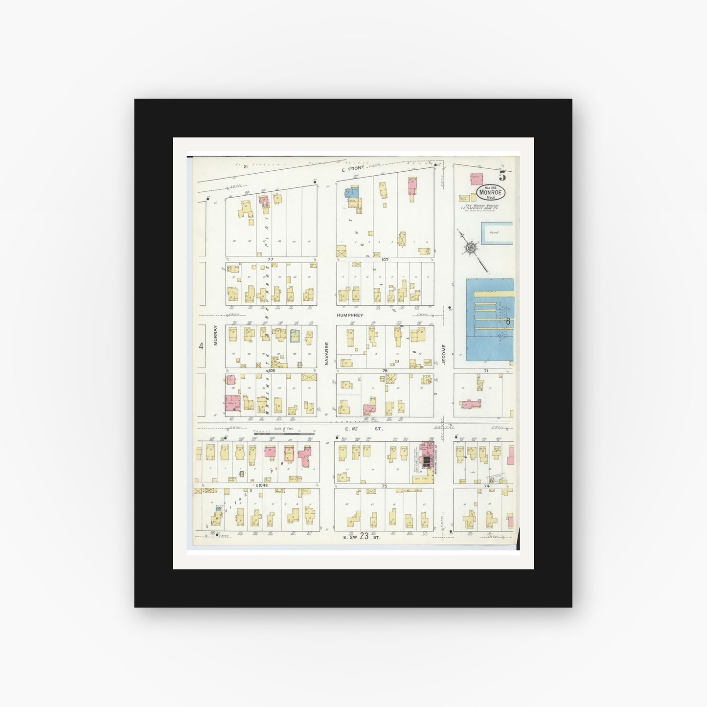 Old map wall art mockup — black gallery frame with white mat — Sanborn Fire Insurance Map from Monroe, Monroe County, Michigan (1916), Sheet #0005