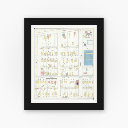 Old map wall art mockup — black gallery frame with white mat — Sanborn Fire Insurance Map from Monroe, Monroe County, Michigan (1916), Sheet #0005