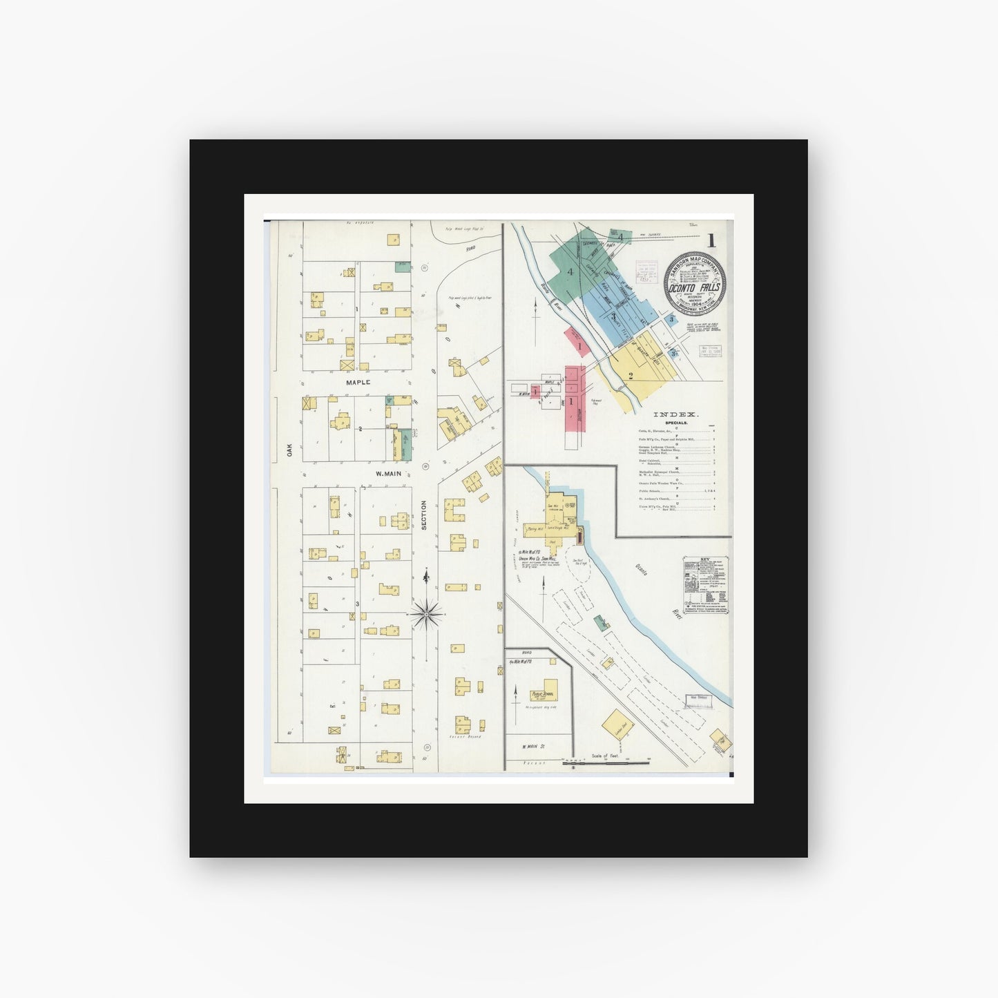 Old map wall art mockup — black gallery frame with white mat — Sanborn Fire Insurance Map from Oconto Falls, Oconto County, Wisconsin (1904), Sheet #0001