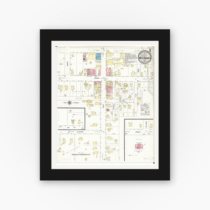 Old map wall art mockup — black gallery frame with white mat — Sanborn Fire Insurance Map from West Branch, Cedar County, Iowa (1912) â€” Complete Set