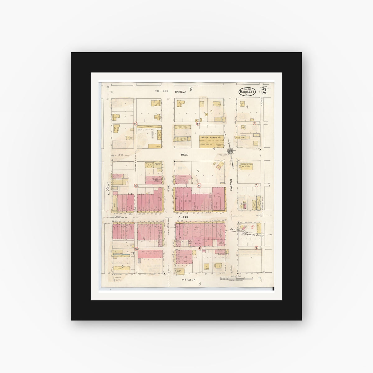 Old map wall art mockup — black gallery frame with white mat — Sanborn Fire Insurance Map from Bartlett, Bell and Williamson Counties, Texas (1940), Sheet #0002