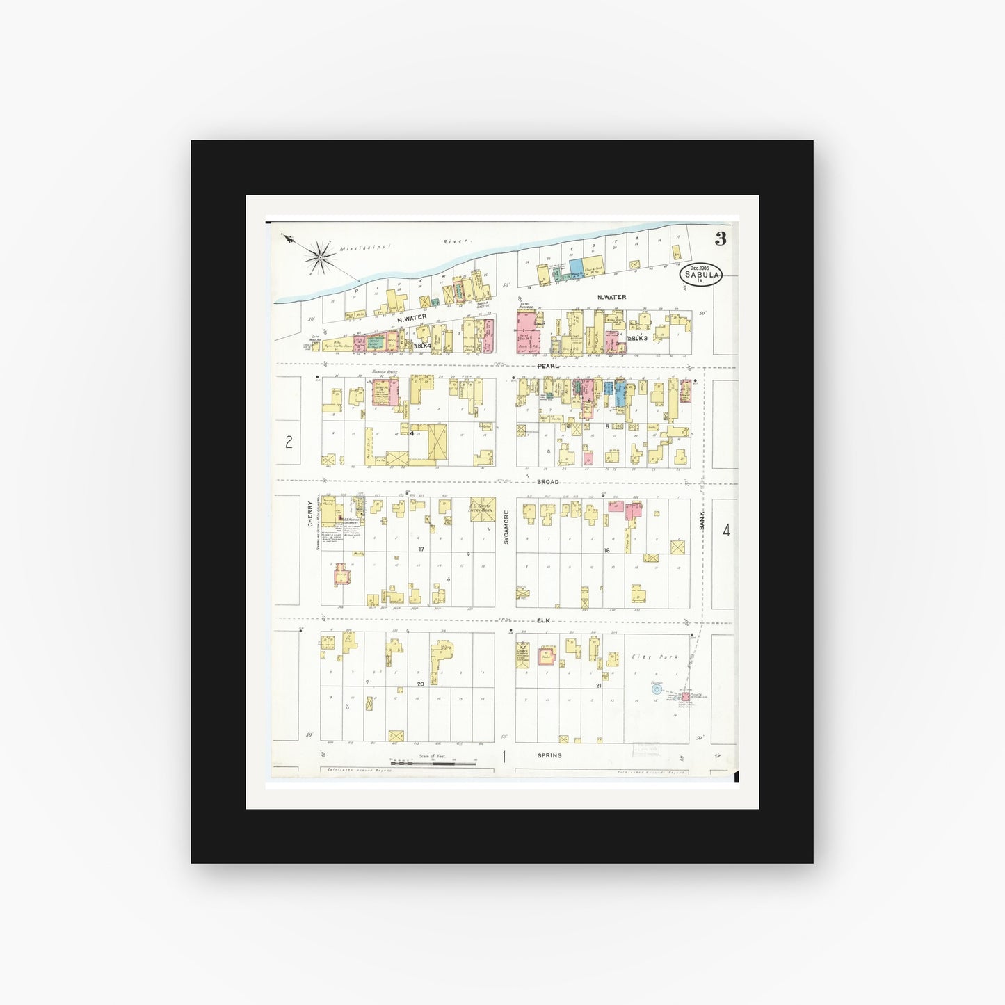 Old map wall art mockup — black gallery frame with white mat — Sanborn Fire Insurance Map from Sabula, Jackson County, Iowa (1905), Sheet #0003