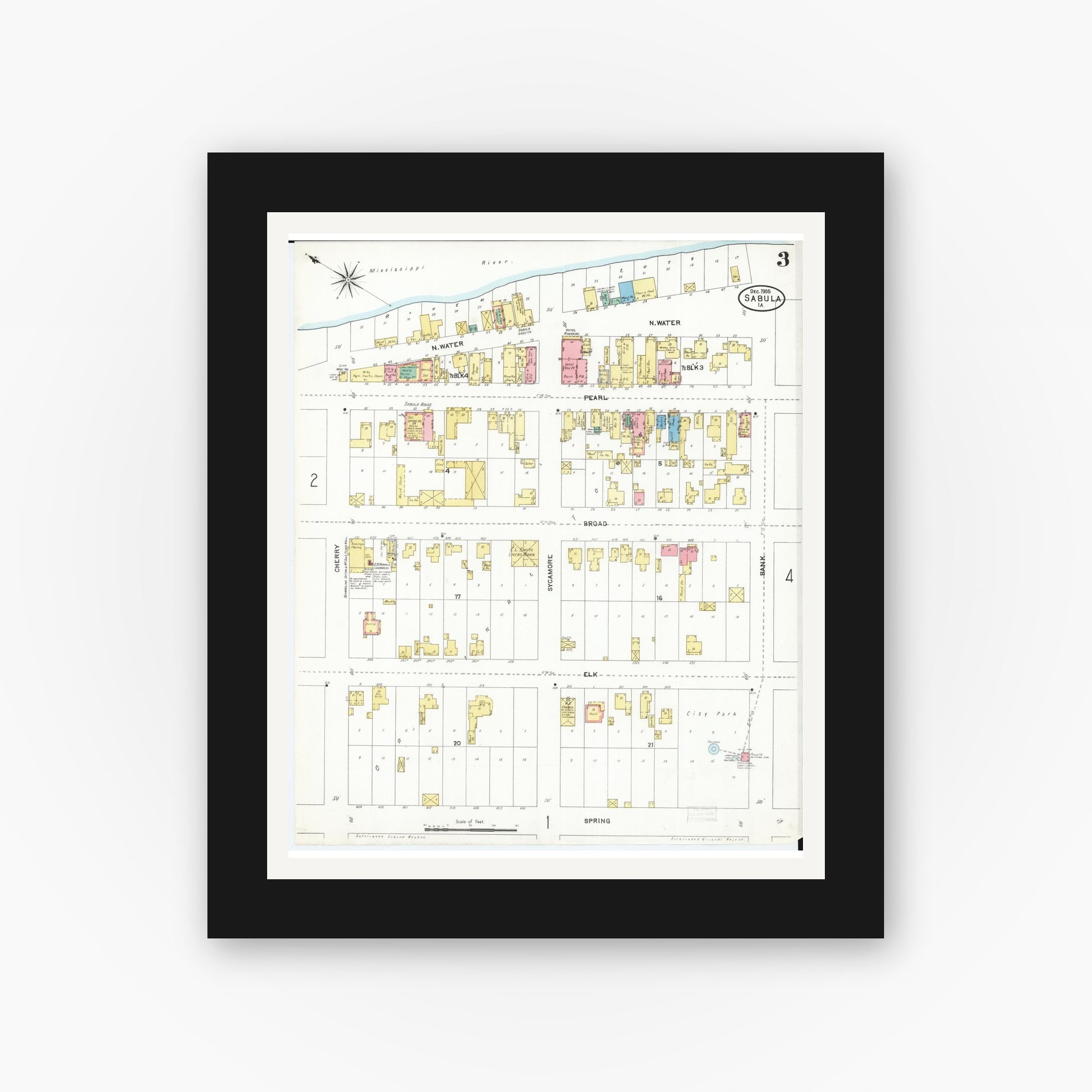 Old map wall art mockup — black gallery frame with white mat — Sanborn Fire Insurance Map from Sabula, Jackson County, Iowa (1905), Sheet #0003