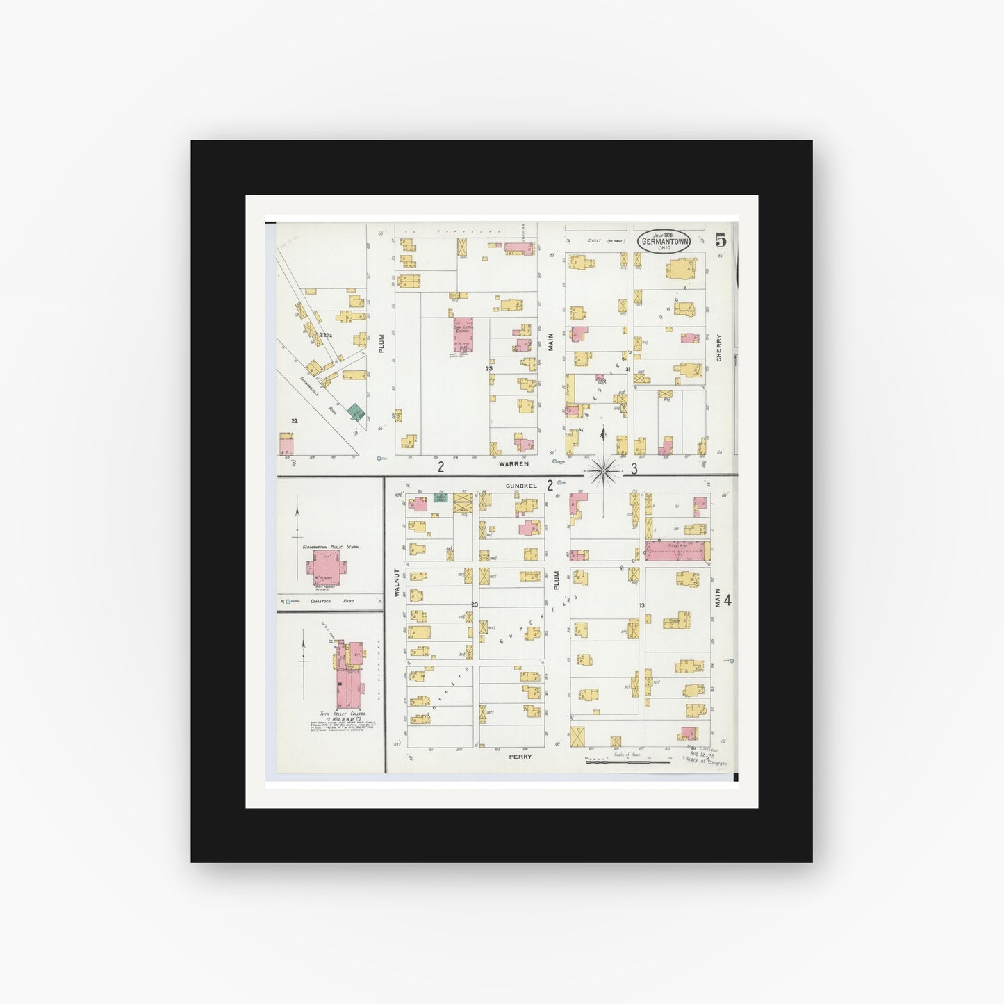 Old map wall art mockup — black gallery frame with white mat — Sanborn Fire Insurance Map from Germantown, Montgomery County, Ohio (1905), Sheet #0005