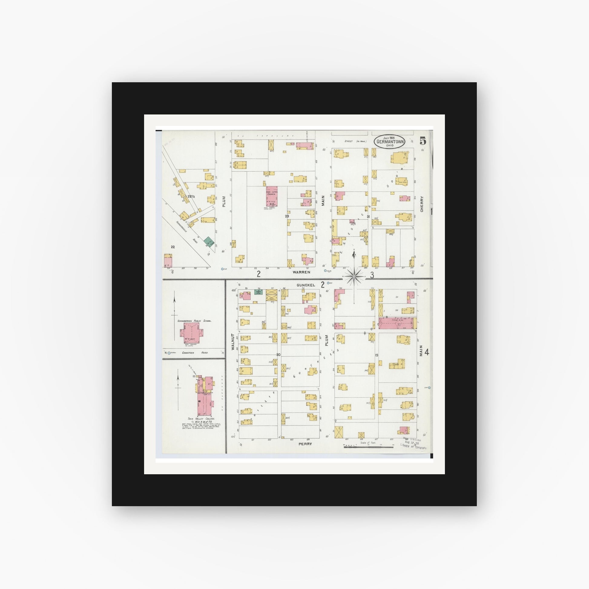 Old map wall art mockup — black gallery frame with white mat — Sanborn Fire Insurance Map from Germantown, Montgomery County, Ohio (1905), Sheet #0005