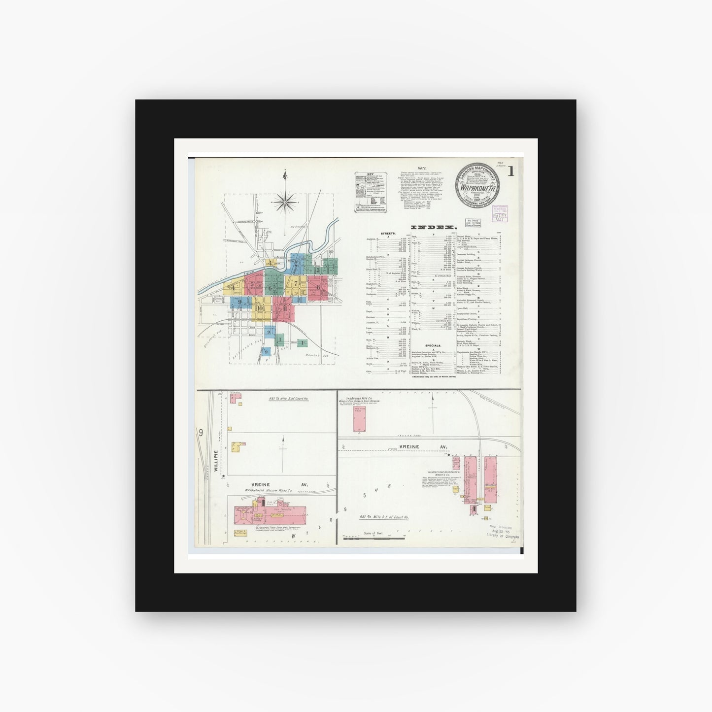 Old map wall art mockup — black gallery frame with white mat — Sanborn Fire Insurance Map from Wapakoneta, Auglaize County, Ohio (1904) - Complete Map Set