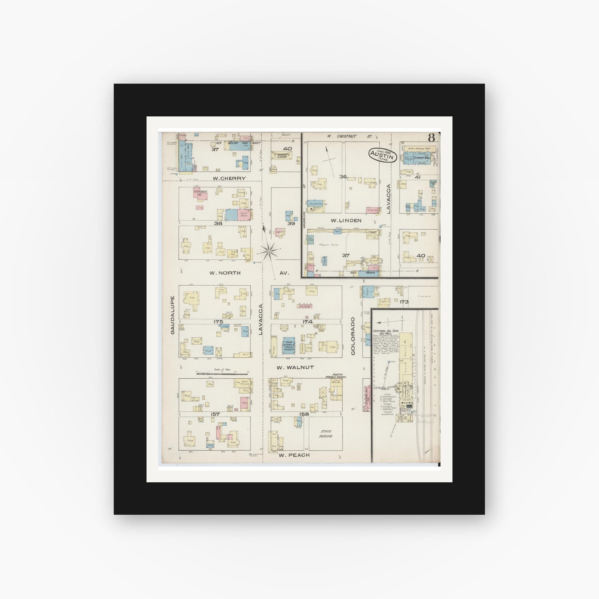 Old map wall art mockup — black gallery frame with white mat — Sanborn Fire Insurance Map from Austin, Travis County, Texas (1885), Sheet #0008