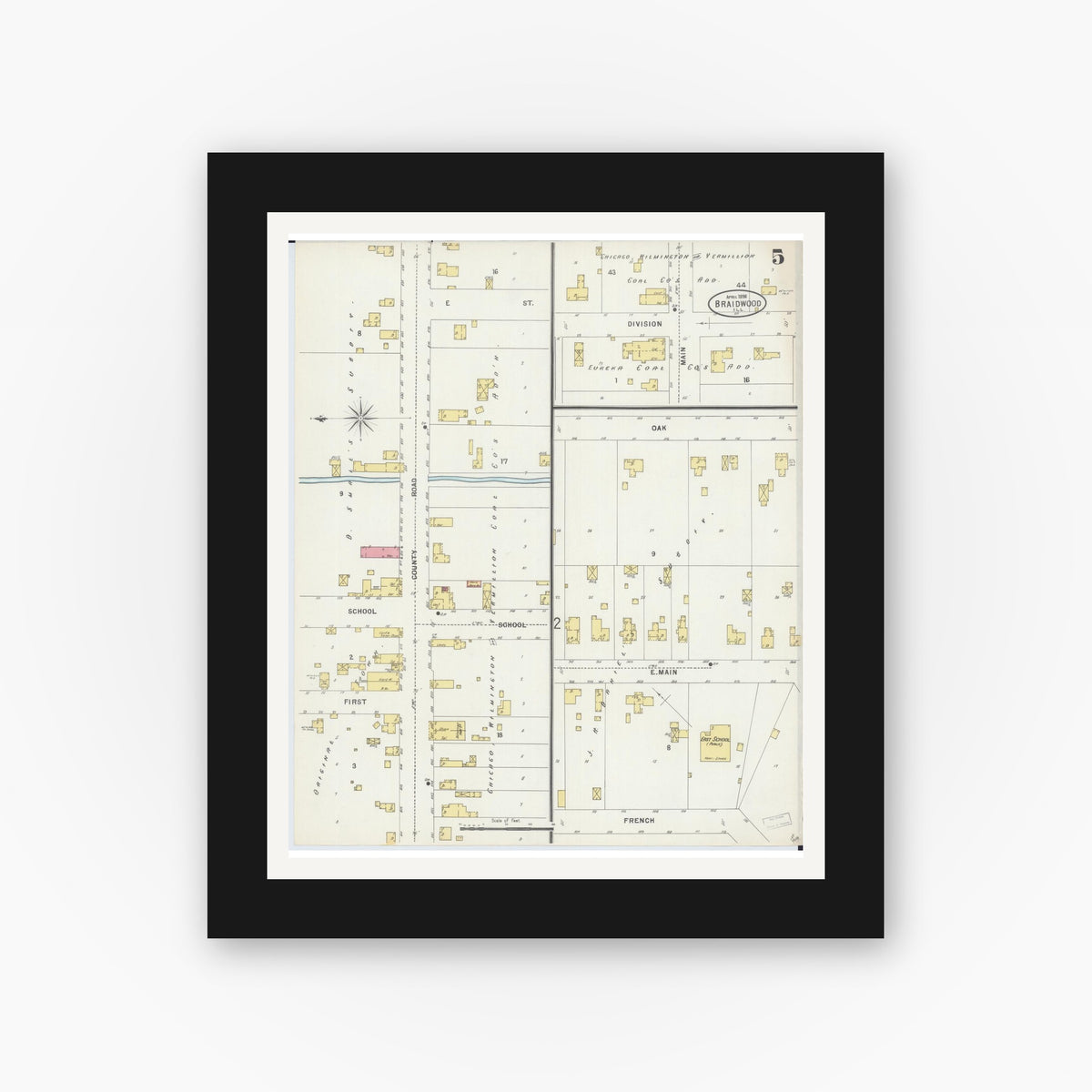 Old map wall art mockup — black gallery frame with white mat — Sanborn Fire Insurance Map from Braidwood, Will County, Illinois (1898), Sheet #0005