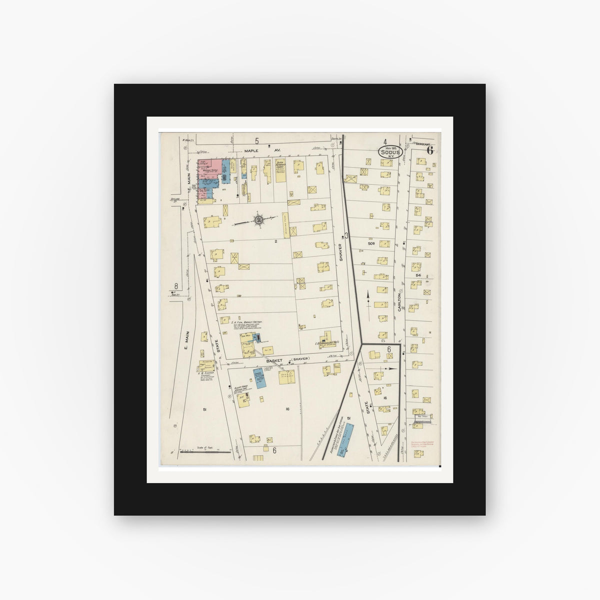 Old map wall art mockup — black gallery frame with white mat — Sanborn Fire Insurance Map from Sodus, Wayne County, New York (1915), Sheet #0006