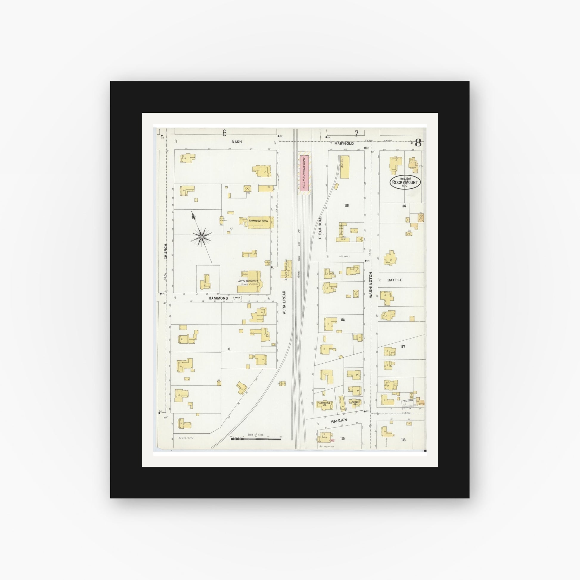 Old map wall art mockup — black gallery frame with white mat — Sanborn Fire Insurance Map from Rocky Mount, Edgecombe And Nash Counties, North Carolina (1901), Sheet #0008