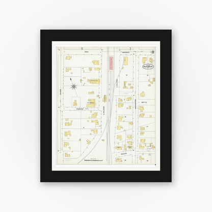 Old map wall art mockup — black gallery frame with white mat — Sanborn Fire Insurance Map from Rocky Mount, Edgecombe And Nash Counties, North Carolina (1901), Sheet #0008
